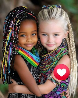 Two young girls hugging and smiling, one with colorful beaded braids and one with blonde hair