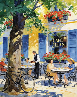 Watercolor painting of people dining at outdoor tables of Café Jules with bicycles and red flowers