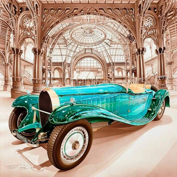 Turquoise vintage Bugatti car displayed in an ornate indoor hall