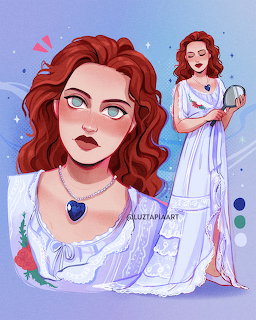 Digital fan art of Rose from Titanic in white dress with blue heart necklace and red curly hair
