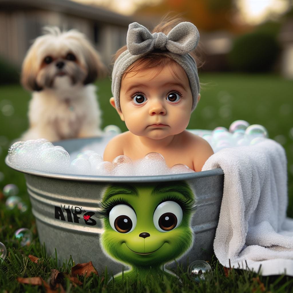 Baby sitting in a green cartoon bath tub with a dog in the background on grass