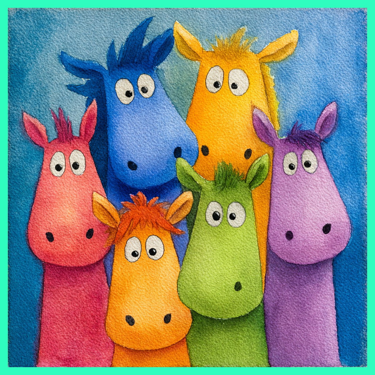Six colorful cartoon horses in blue, pink, orange, yellow, green, and purple with large eyes smiling together