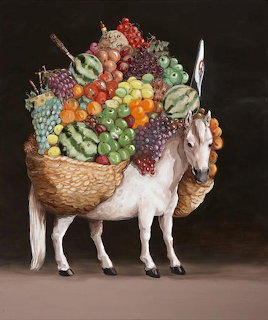 Painting of a white donkey laden with an oversized basket full of assorted colorful fruits on a dark background