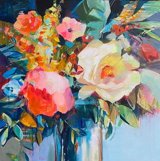 Abstract painting of colorful flowers including roses and blooms in expressive brushwork with vibrant pink, orange and teal tones