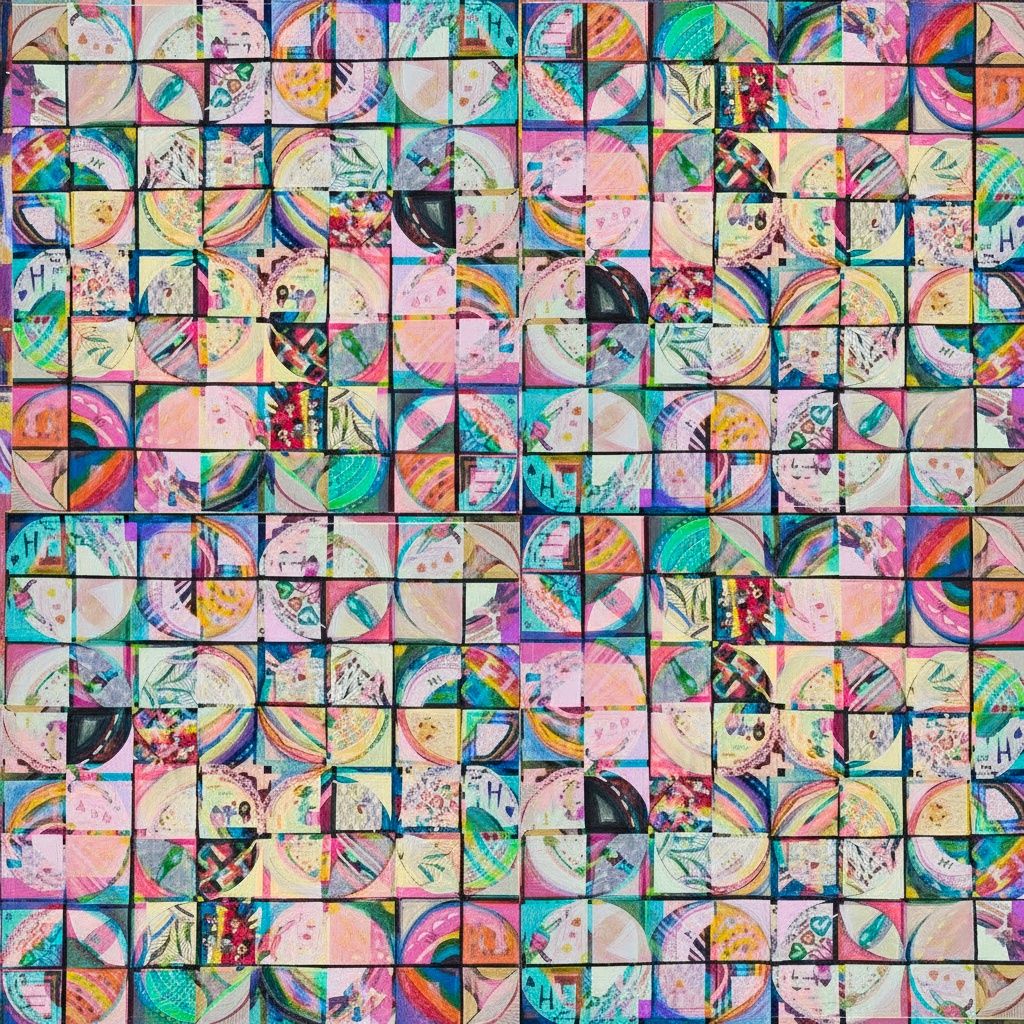 Patchwork quilt with geometric blocks, floral prints, and colorful triangles in pink, teal, and pastel shades