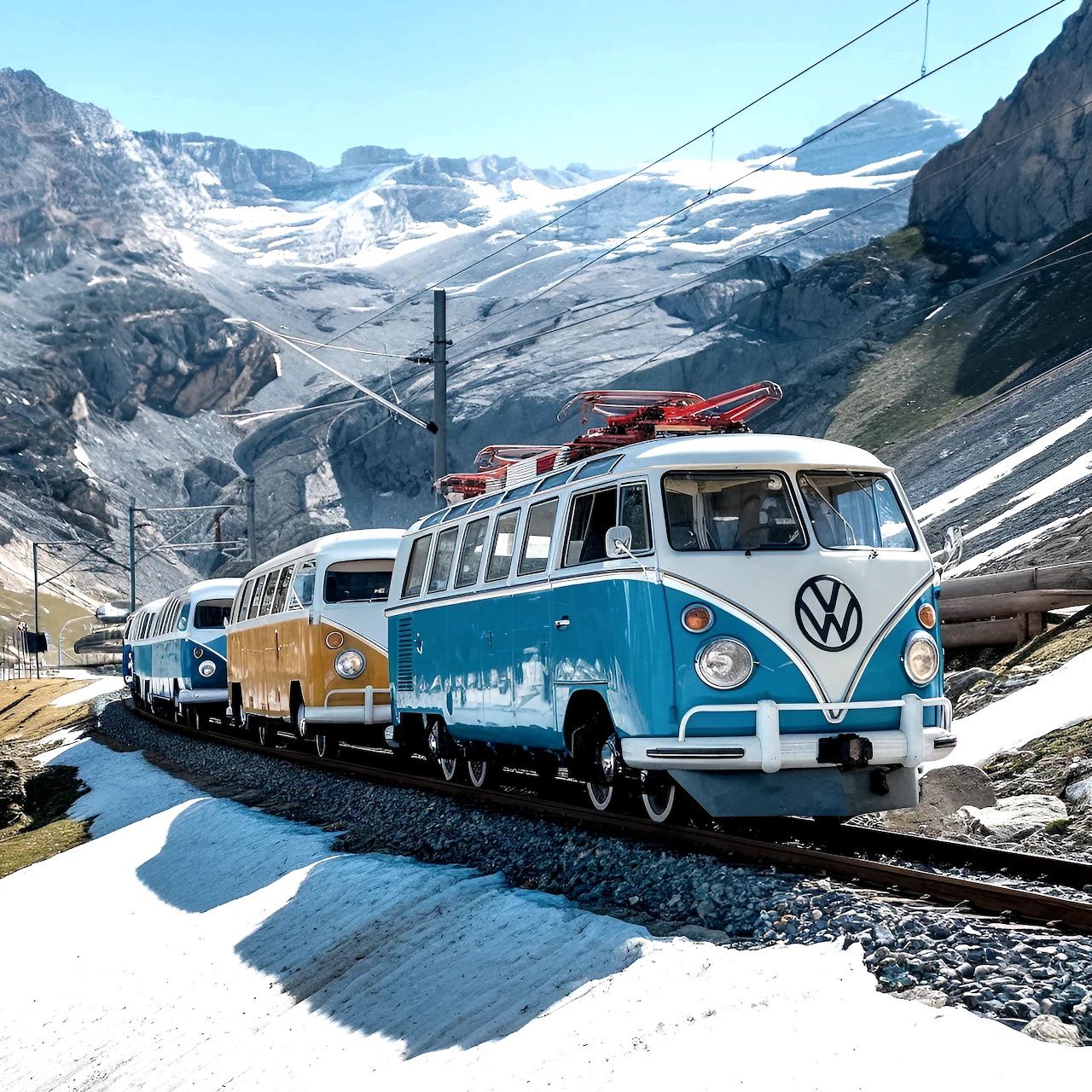 Vintage VW buses configured as train cars on tracks winding through snowy mountain landscape with glacier backdrop