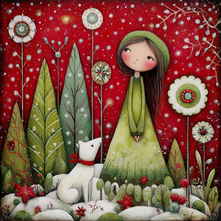 Christmas Girl with Dog Art