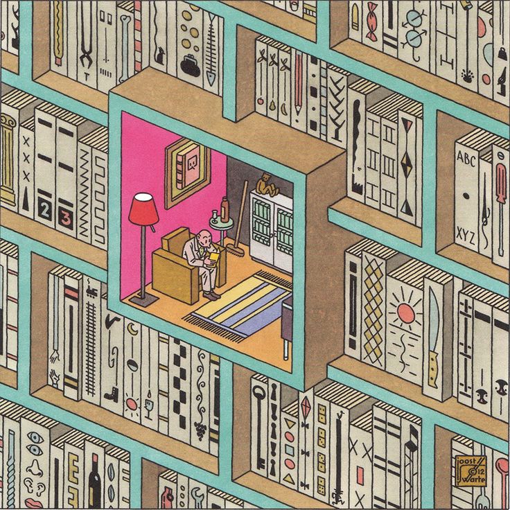 Illustrated tiny room inset among tall bookshelves with a seated person and pink walls