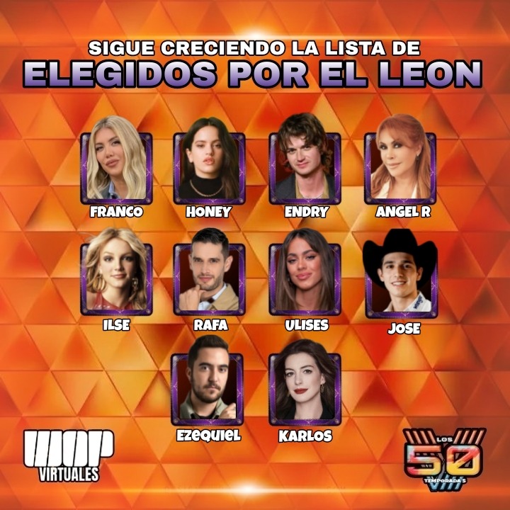 Nine framed portrait headshots arranged in a grid on an orange geometric background with Spanish text