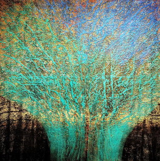 Abstract art showing glowing tree with radiating branches on textured turquoise and gold background