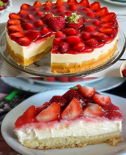 Whole strawberry cheesecake with glossy strawberry topping and a single slice on a white plate