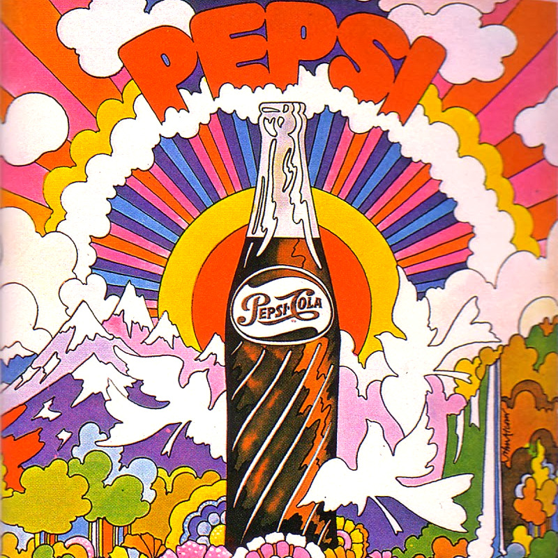 Colorful retro illustration of a Pepsi Cola bottle with rainbow rays, clouds, mountains, and birds