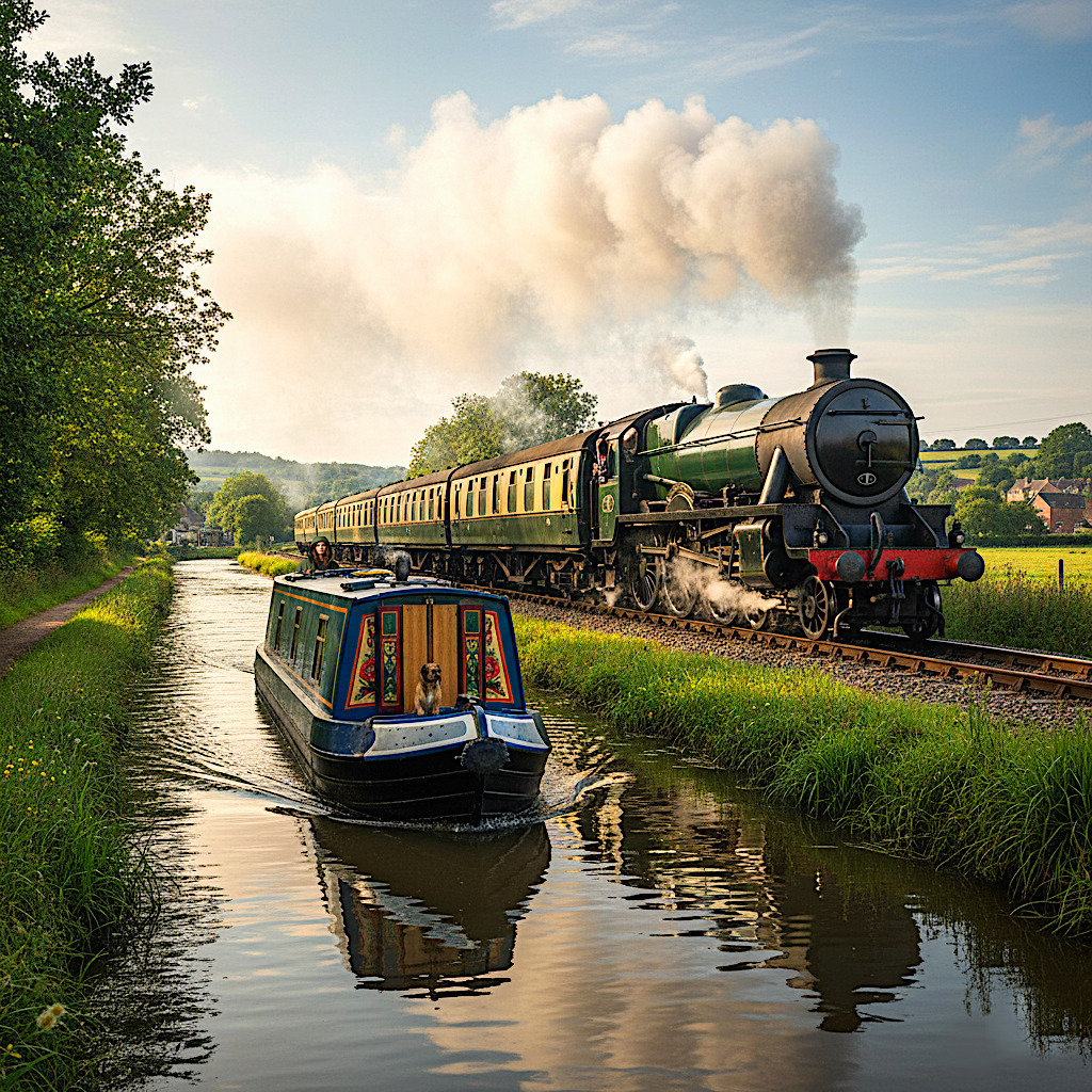 Steam train running parallel to canal narrowboat in rural British countryside with trees and cloudy sky