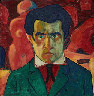 Expressionist painted self-portrait of a man in a green suit with an abstract red background