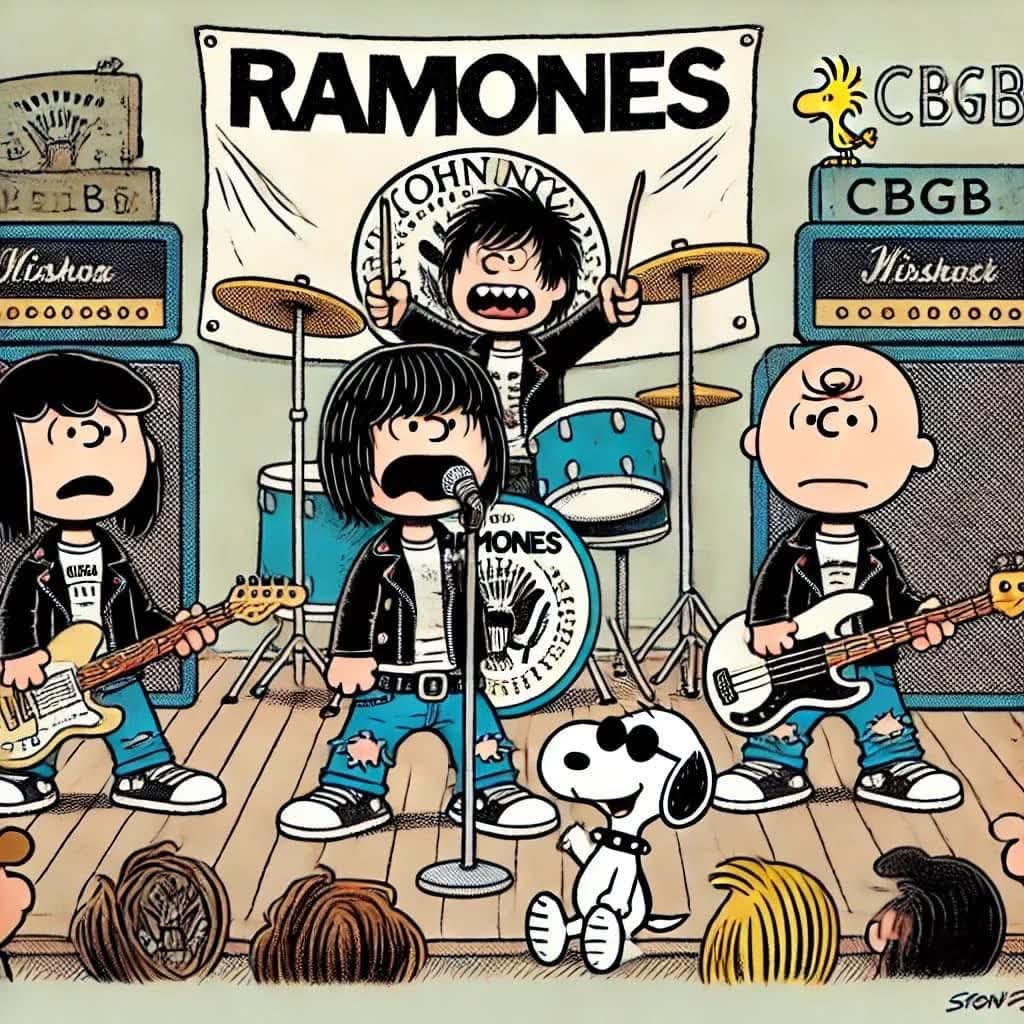 Snoopy and Peanuts characters dressed as Ramones band members performing on stage with instruments and amps