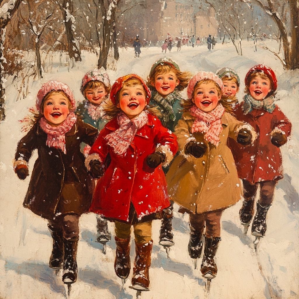 Children Ice Skating in Snow