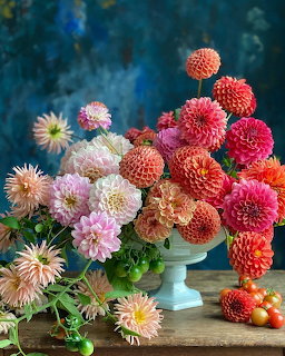 Colorful dahlia bouquet in a white vase on a wooden table with loose flowers and small tomatoes