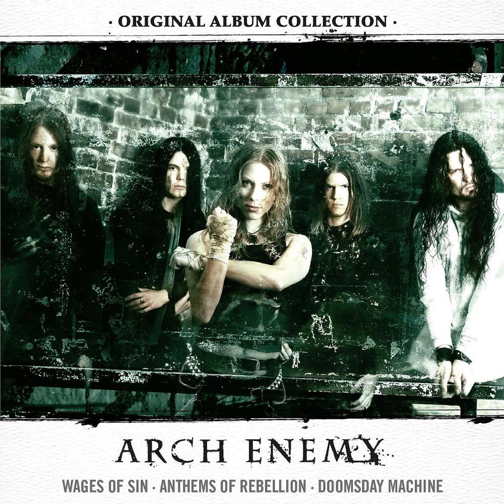 Album cover with five rock band members in dark clothing against a distressed brick wall