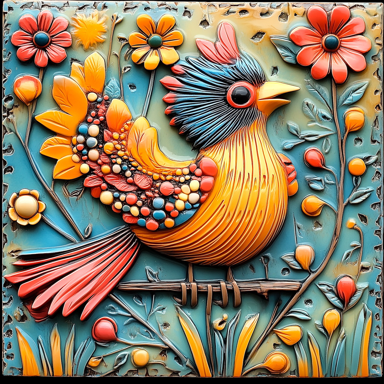 Colorful ceramic tile of a stylized songbird with flowers and leaves on a teal background