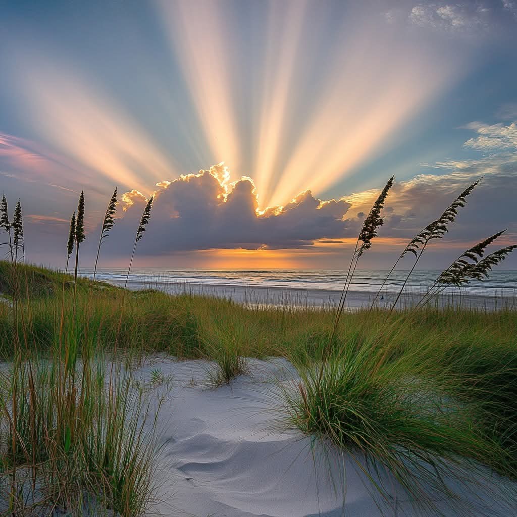 Sunrise over beach dunes with sea oats, grass, clouds, and rays of light