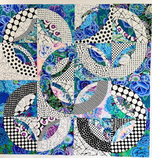 Abstract quilt-style patchwork with blue floral sections and black-and-white swirling patterns