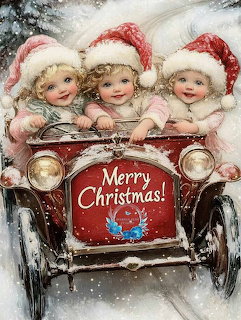 Vintage illustration of three children in Santa hats riding a red car in falling snow