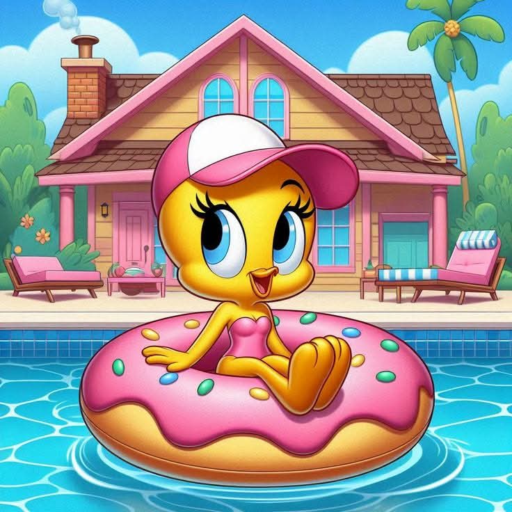 Animated yellow duck wearing a pink cap floating on an inflatable pink donut in a swimming pool with house behind