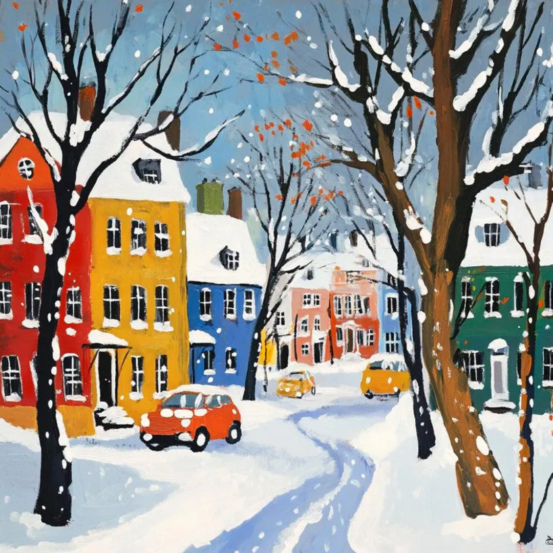 Painting of a snowy street with colorful houses, bare trees, and small cars