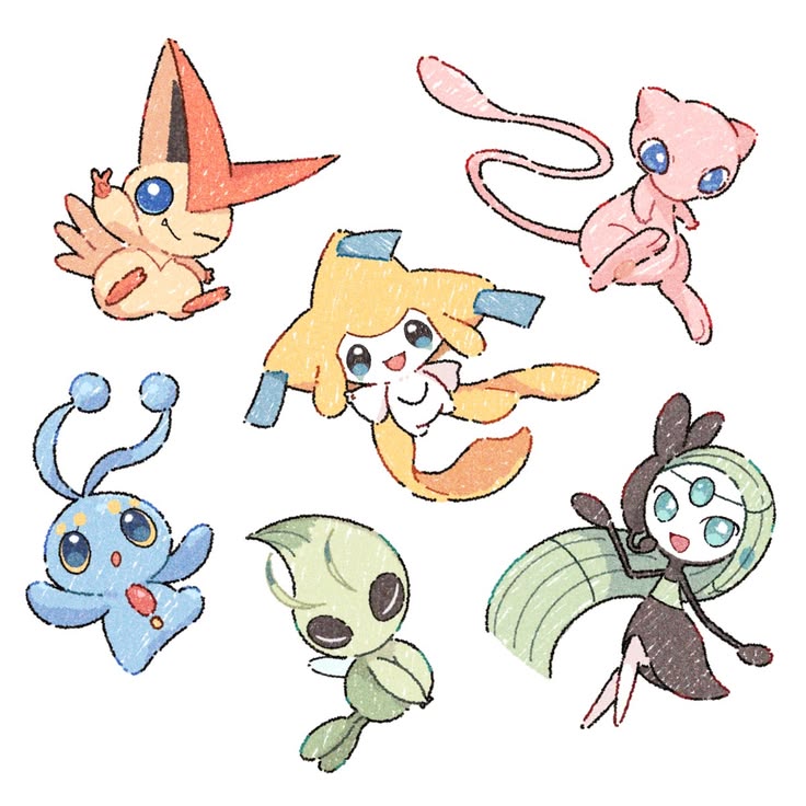 Six illustrated Pokémon characters in pastel colors including Mew, Pikachu, and others on white background