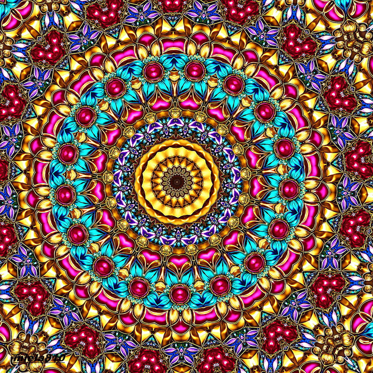 Colorful mandala with symmetrical geometric and floral patterns radiating from a yellow center