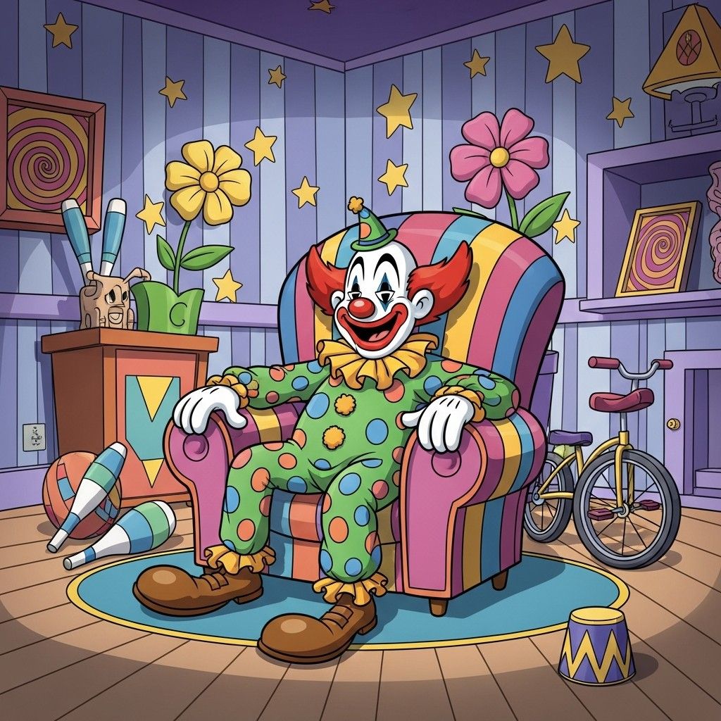 Cartoon clown sitting in a striped armchair in a colorful playroom with stars, flowers, and toys