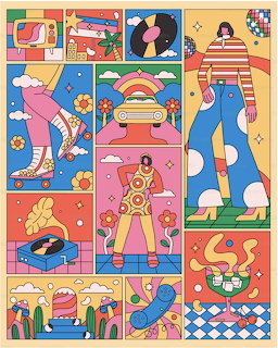 Colorful retro pop art illustration collage with roller skates, vinyl records, vintage car, and stylish figures