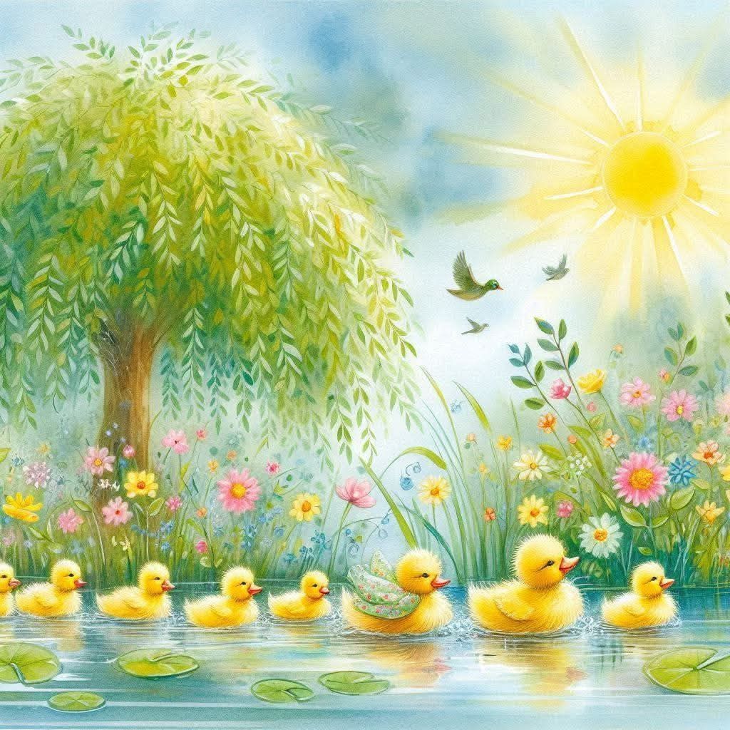 Illustration of yellow ducklings swimming in a flower-filled pond under a leafy tree and bright sun
