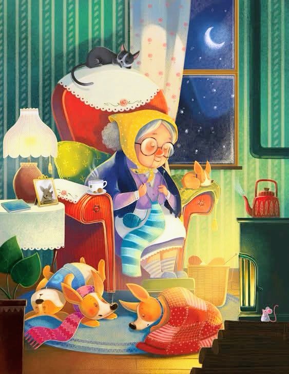 Illustration of an elderly woman knitting in a cozy room with sleeping corgis at night