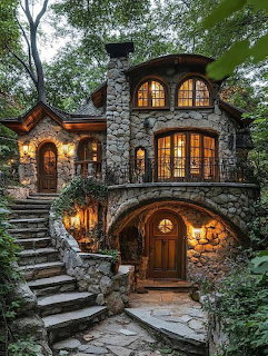 Stone cottage with glowing arched windows and curved stone staircase surrounded by trees