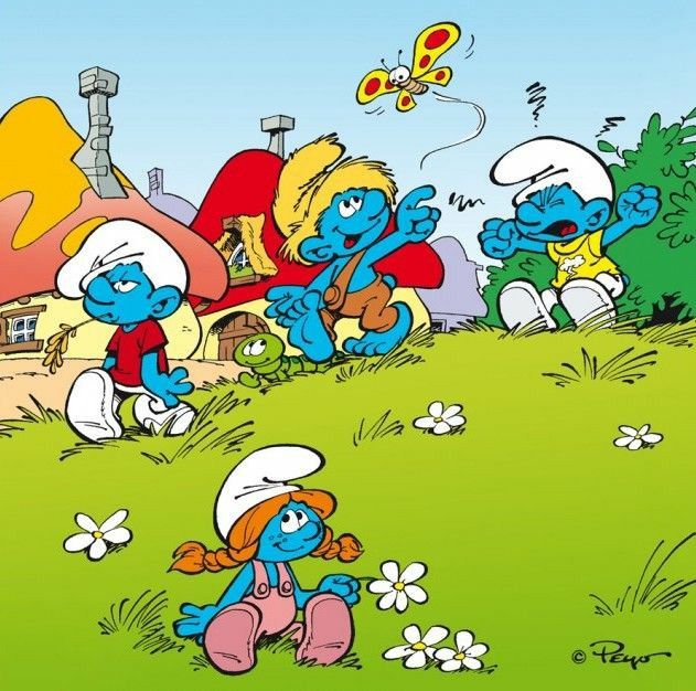 Four Smurfs in a grassy meadow with white flowers, small houses, and a butterfly in cartoon style