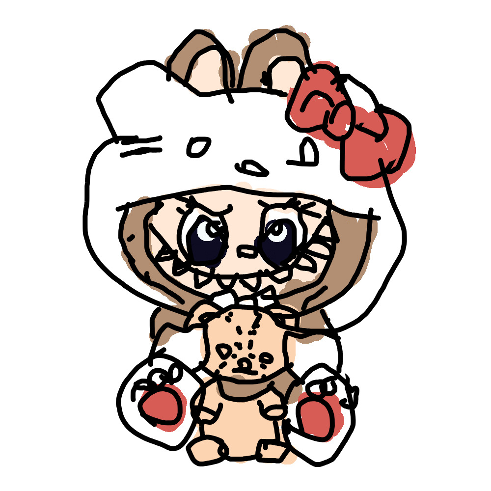 Labubu cartoon character in white bunny costume with red bow and big eyes
