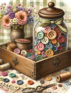 Glass jar full of colorful sewing buttons on wooden box with thread spools and flowers