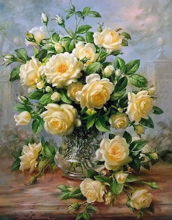 Oil painting of yellow roses in ornate glass vase with lush green leaves on table