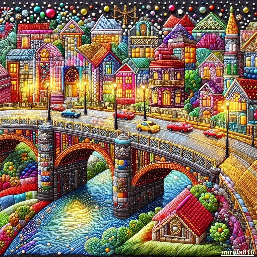 Colorful patchwork illustration of village buildings and bridge over river with intricate quilt-like patterns