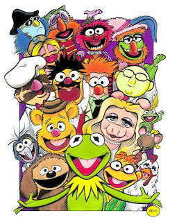Vibrant illustration of Muppets characters clustered together, including Kermit the Frog, Miss Piggy, and other beloved puppets