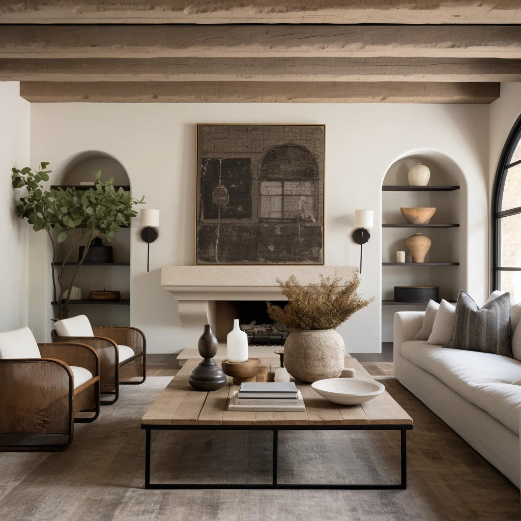 Rustic farmhouse living room with exposed beams, neutral furniture, and arched wall niches