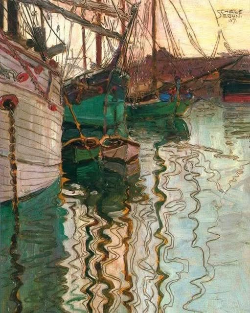 Egon Schiele painting of sailing boats in a harbor with colorful wavy water reflections