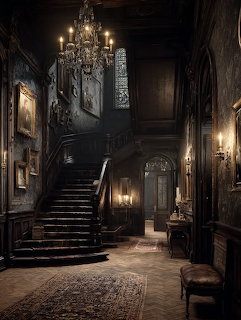 Dark Victorian mansion hall with staircase, chandelier, and framed paintings