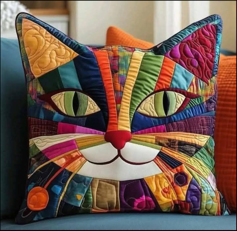 Colorful Quilted Cat Pillow