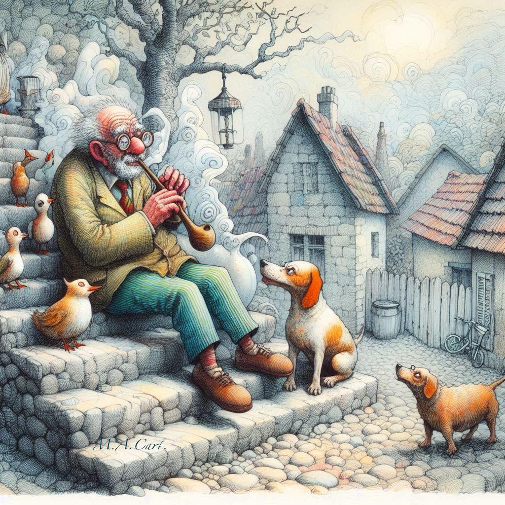 Elderly man playing flute on stone steps with four dogs listening, cottage village background