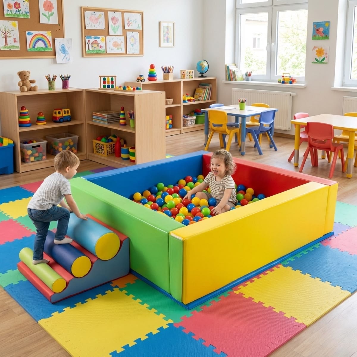 Two children playing in a colorful ball pit in a bright indoor playroom
