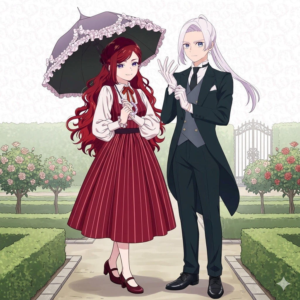 Two anime characters in formal attire standing in a rose garden with white gazebo
