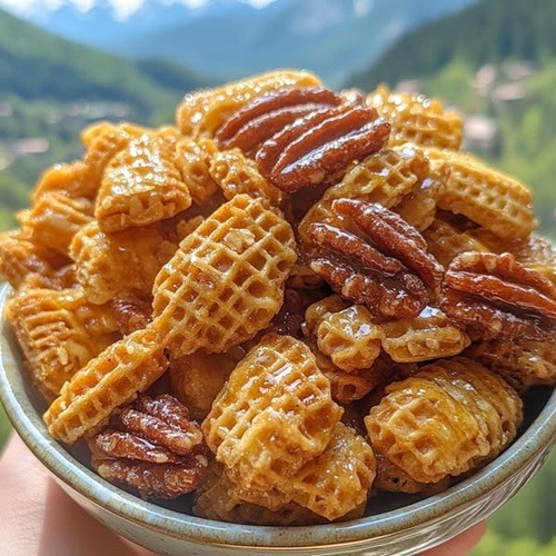 Hand holding a bowl of caramel-glazed cereal squares and pecans with green mountains in the background