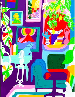 Colorful pop art illustration of room interior with geometric furniture, plants, and framed abstract art on purple walls
